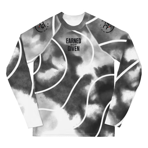 Long-sleeve shirt with abstract pattern and 'Earned Not Given' text on a white background