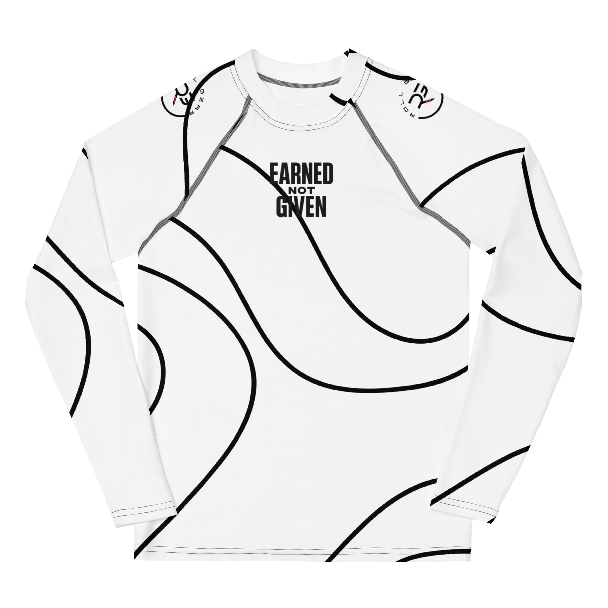 White long-sleeve shirt with black designs and text on a white background
