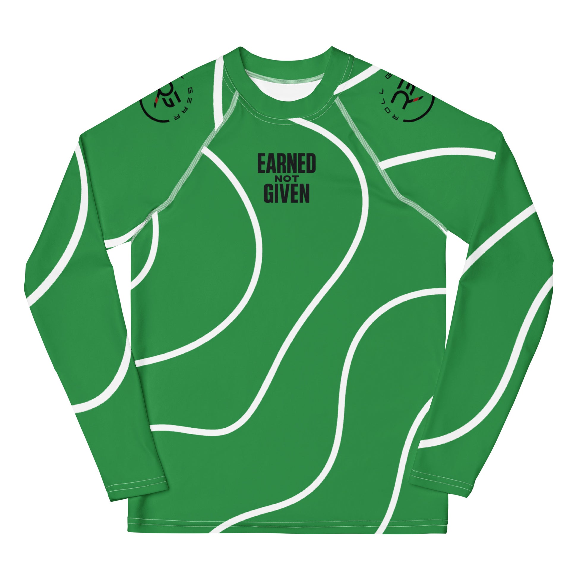Green long-sleeve shirt with white abstract patterns and 'Earned Not Given' text on a white background