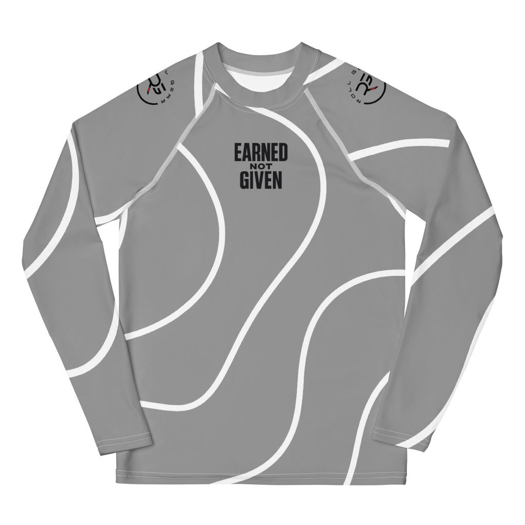 Gray long-sleeve shirt with white accents and 'Earned Not Given' text on a white background