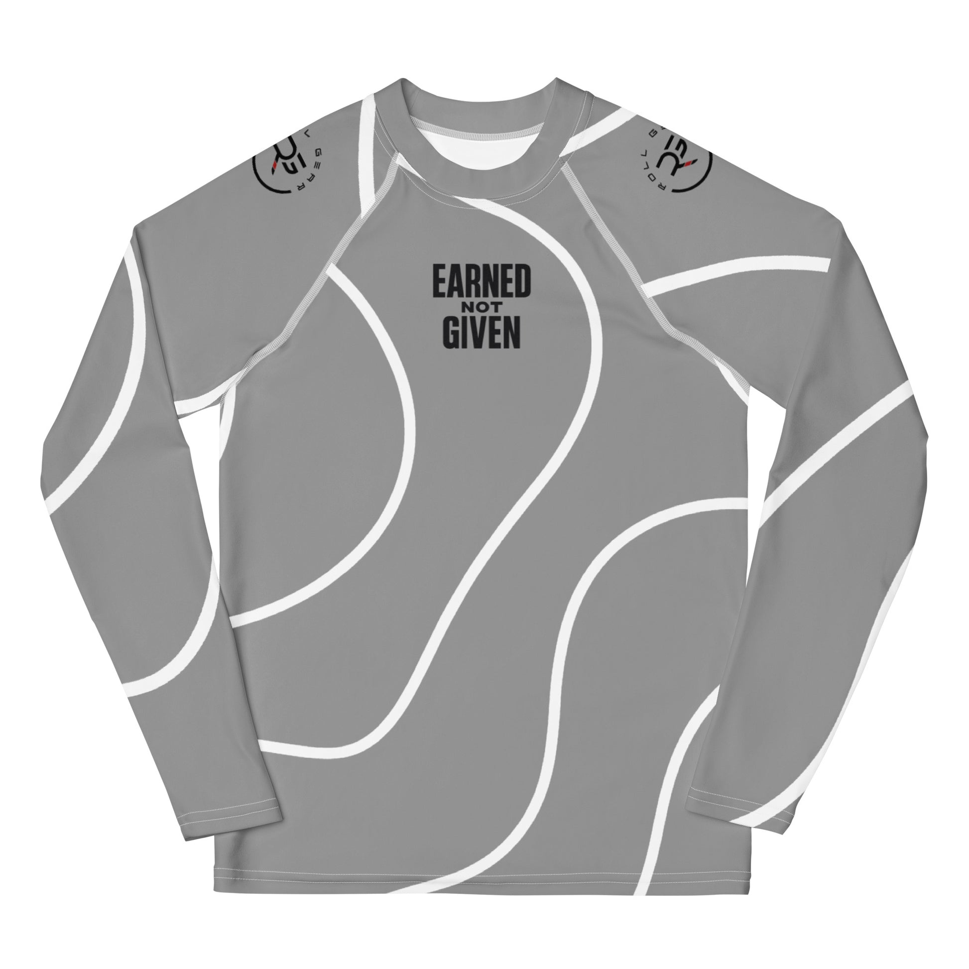 Gray long-sleeve shirt with white accents and 'Earned Not Given' text on a white background
