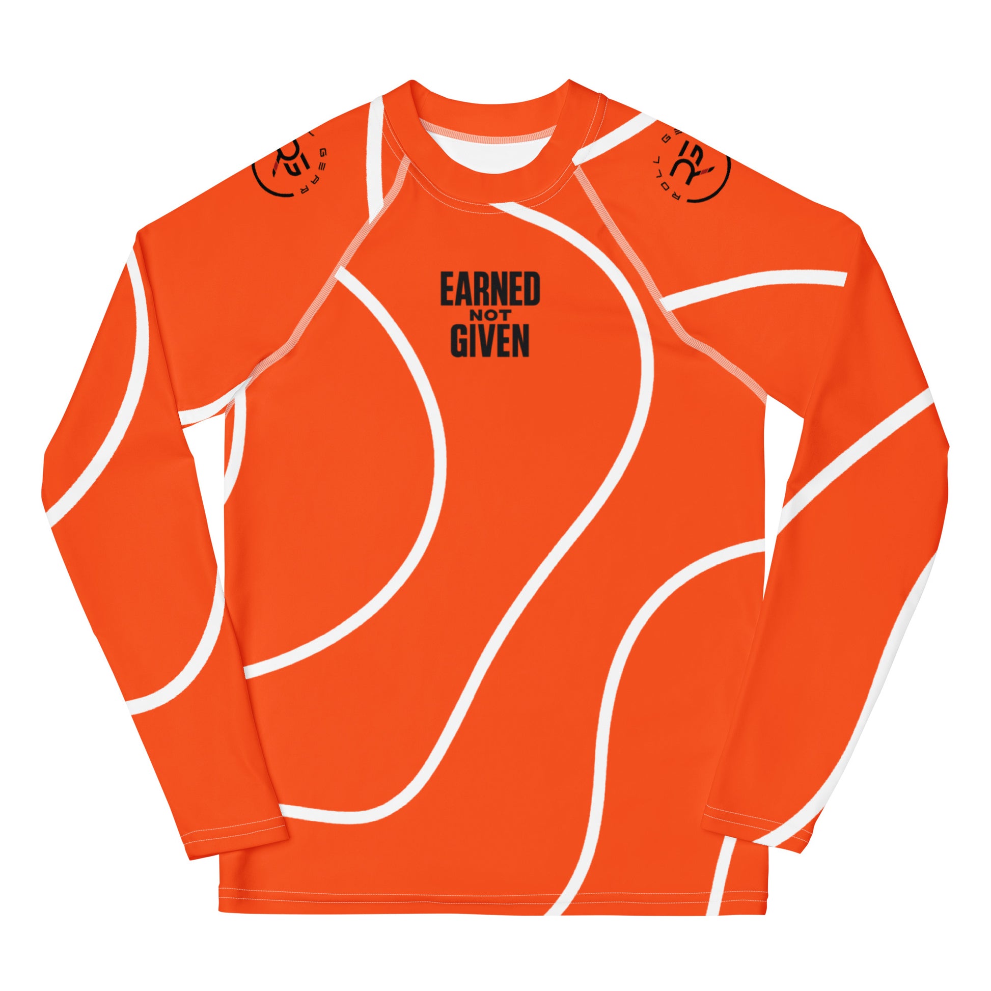 Orange long-sleeve shirt with white text and design on a white background
