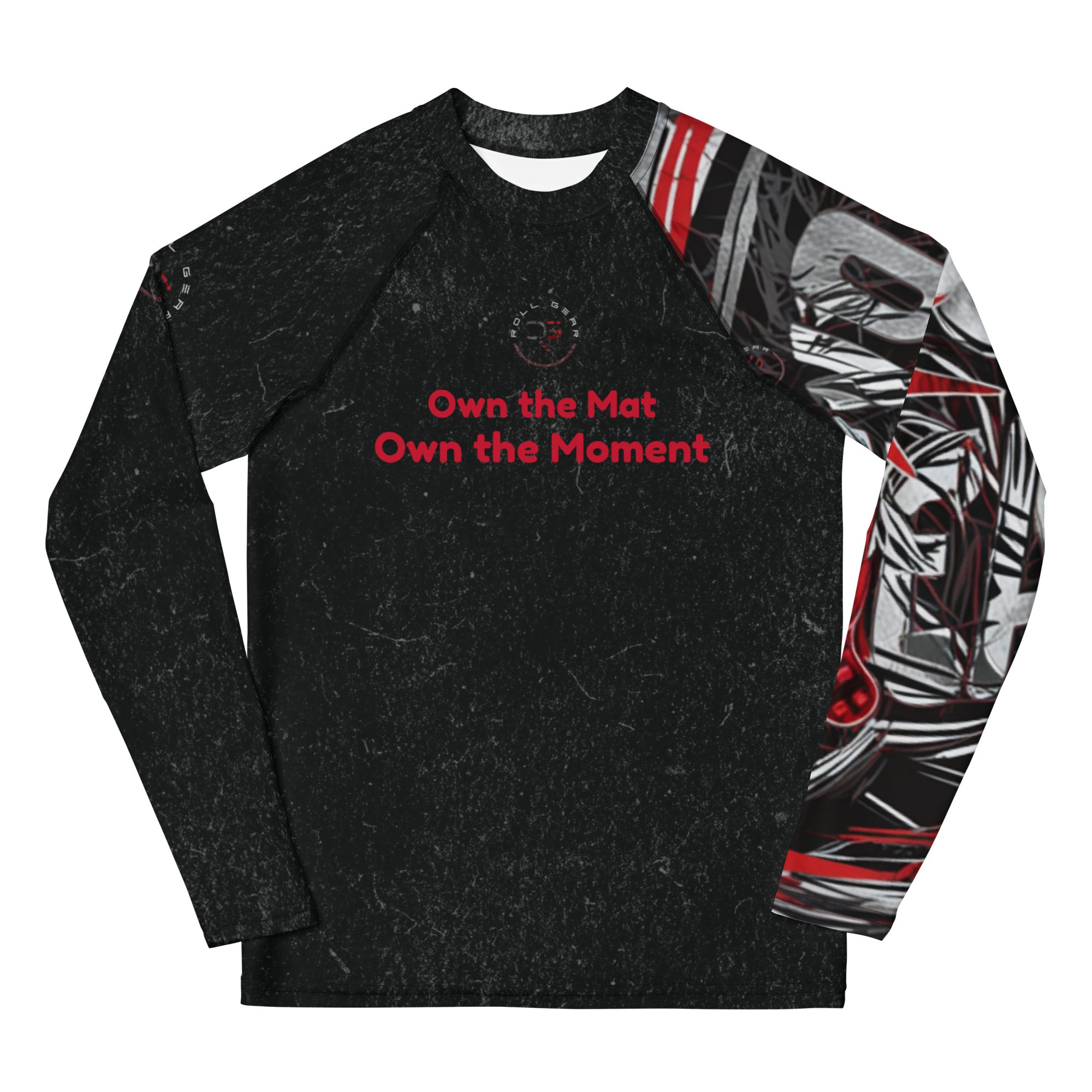 Black long-sleeve shirt with red text 'Own the Mat Own the Moment' and patterned sleeves on a white background