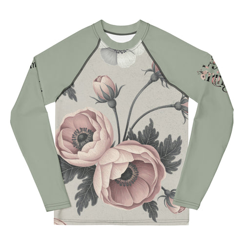 Floral-patterned long-sleeve shirt with green sleeves on a white background