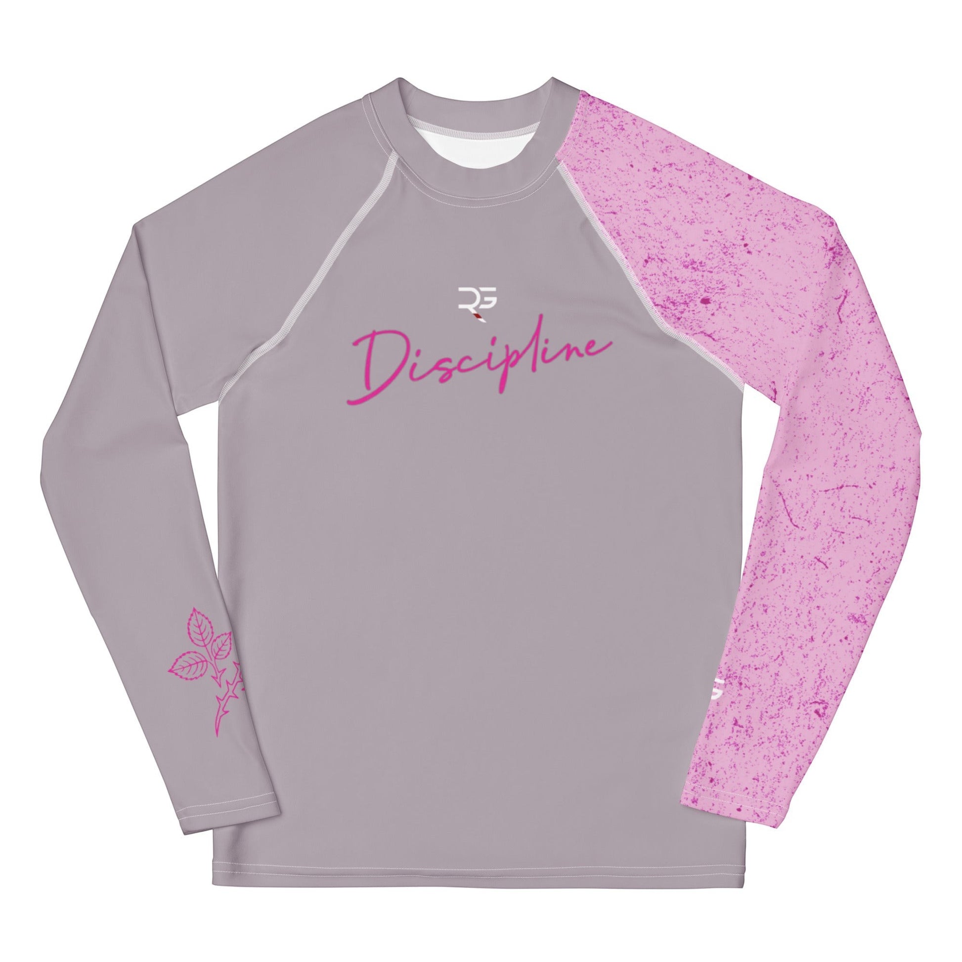 Gray and pink long-sleeve shirt with 'Discipline' text on a white background