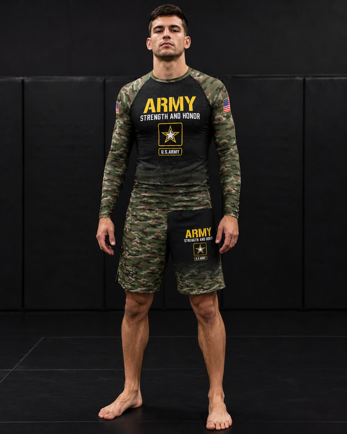 army mens rash guard and shorts for brazilian jiu jitsu 