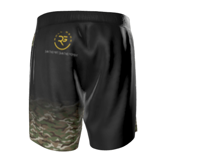 Back view of Roll Gear US Army grappling shorts featuring a black and digital camo design with a gold Roll Gear crest logo. Designed for Brazilian Jiu-Jitsu and no-gi grappling with military-inspired style.