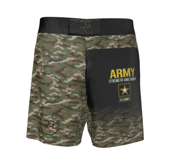 Front view of Roll Gear US Army grappling shorts featuring a digital camo print with a black panel, bold yellow “ARMY” text, and the U.S. Army emblem. MMA/BJJ fight shorts designed for performance and military pride.