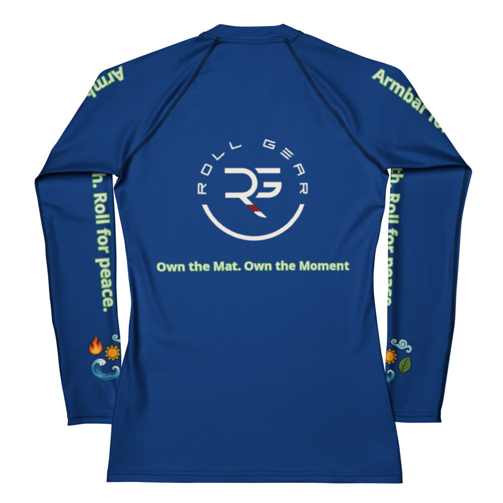 Back of Captain Lock rash guard with elemental symbols and Roll Gear slogan