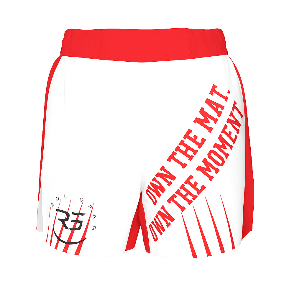 Red and White grappling, bjj, wrestling shorts. Own the mat. Ownt the moment by Roll gear. Roll Gear LLC. Front