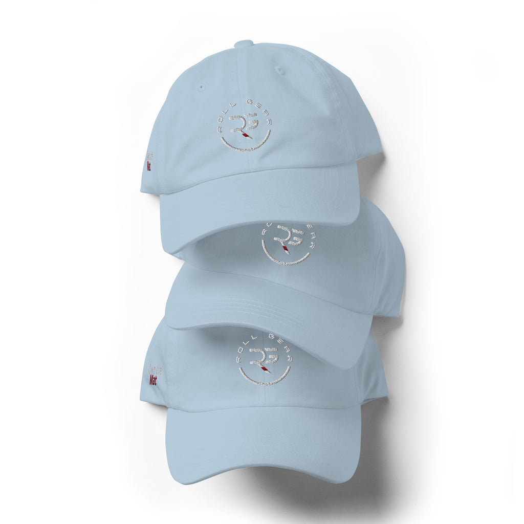 Roll Gear blue dad hat – front view with embroidered detail