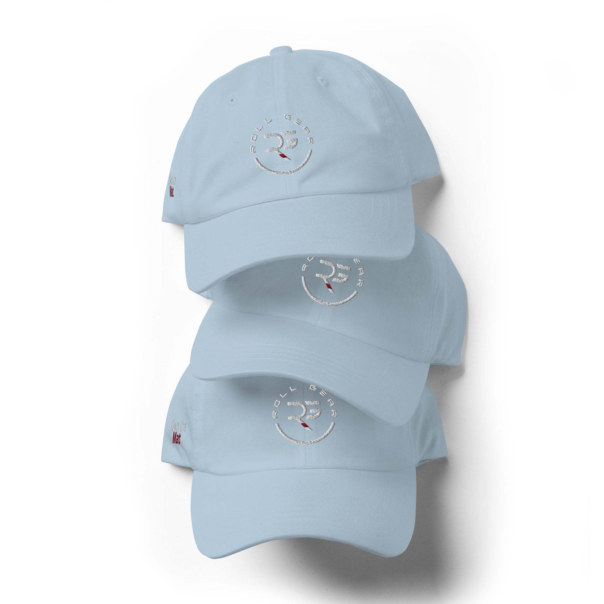 Roll Gear blue dad hat – front view with embroidered detail
