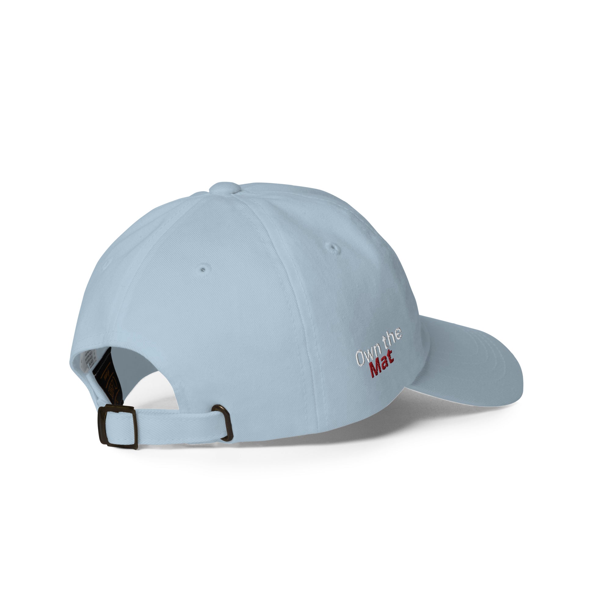 Roll Gear blue dad hat – back view, buckle and strap visible