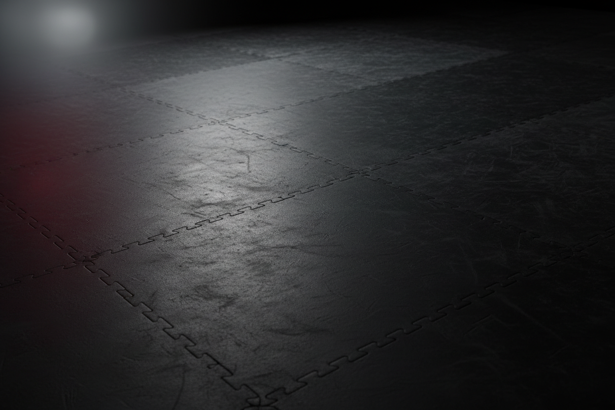 Create a premium, dark, athletic background image for a combat sports brand. Use a black and charcoal textured mat surface with soft lighting and subtle depth. Add a faint bokeh glow to one side in muted red and silver tones to match a veteran-founded martial arts brand. No people, no logos, no objects. Clean, modern, dramatic. Leave negative space in the center for text.