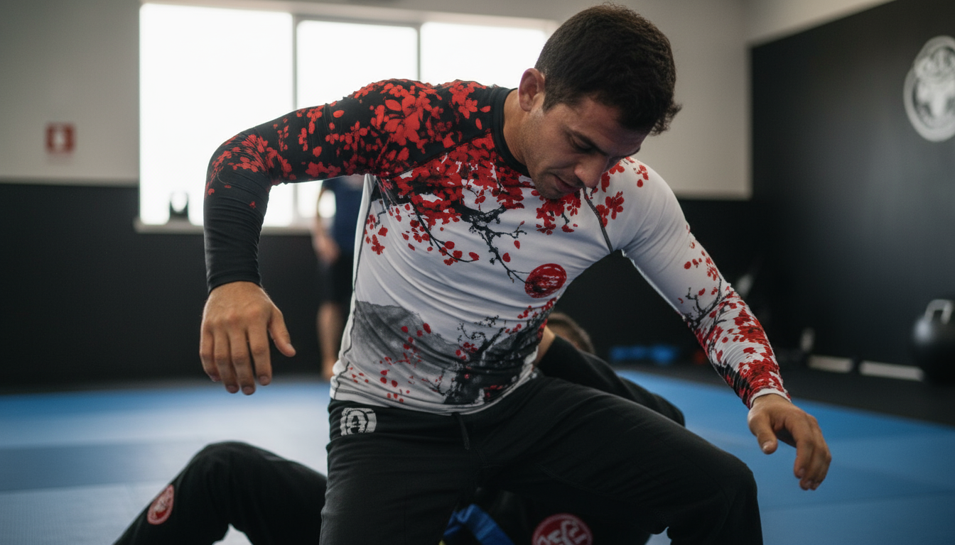 Person in a martial arts or combat sports setting wearing a colorful rash guard.