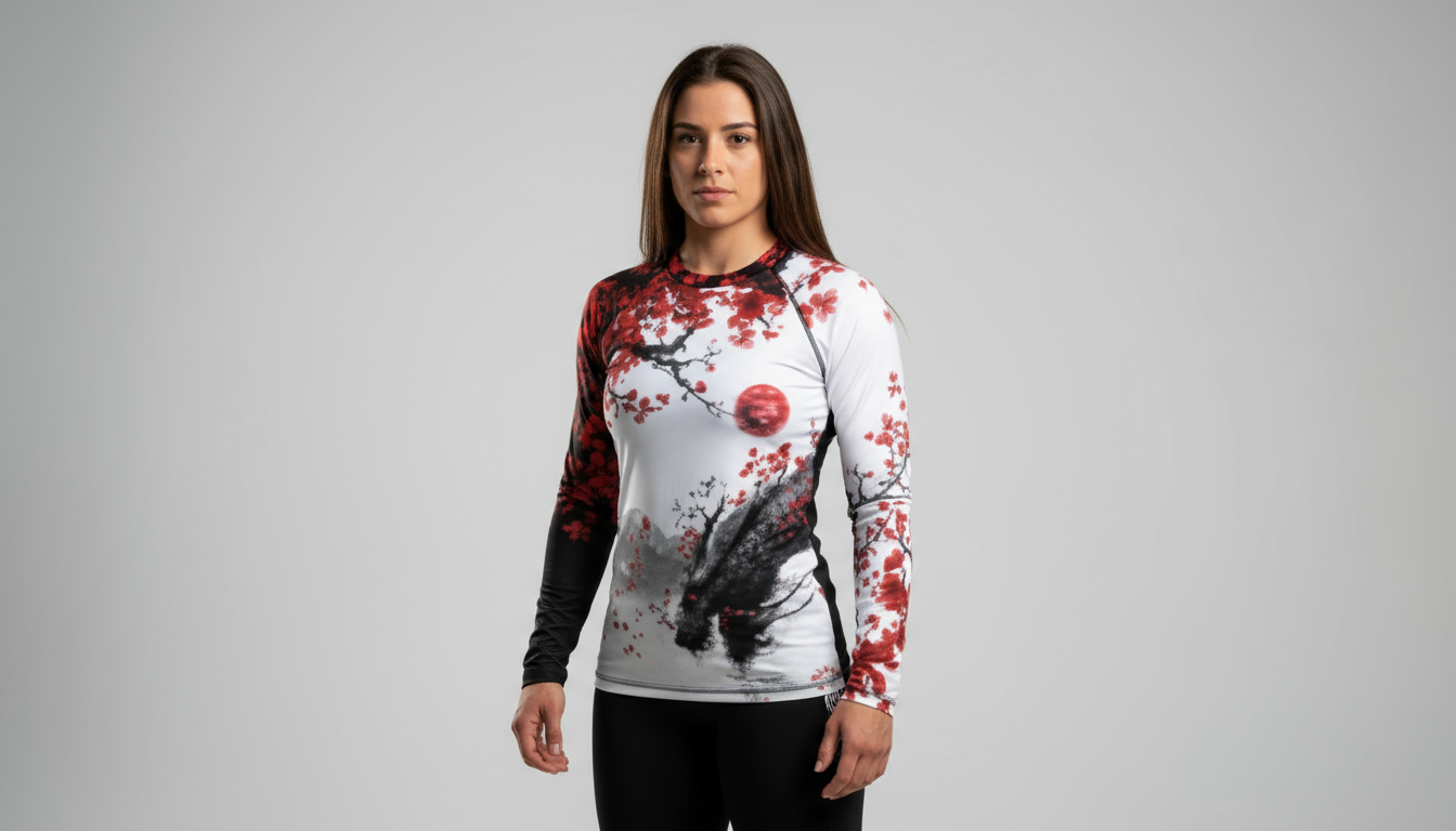 Person wearing a long-sleeve shirt with a graphic design on a gray background