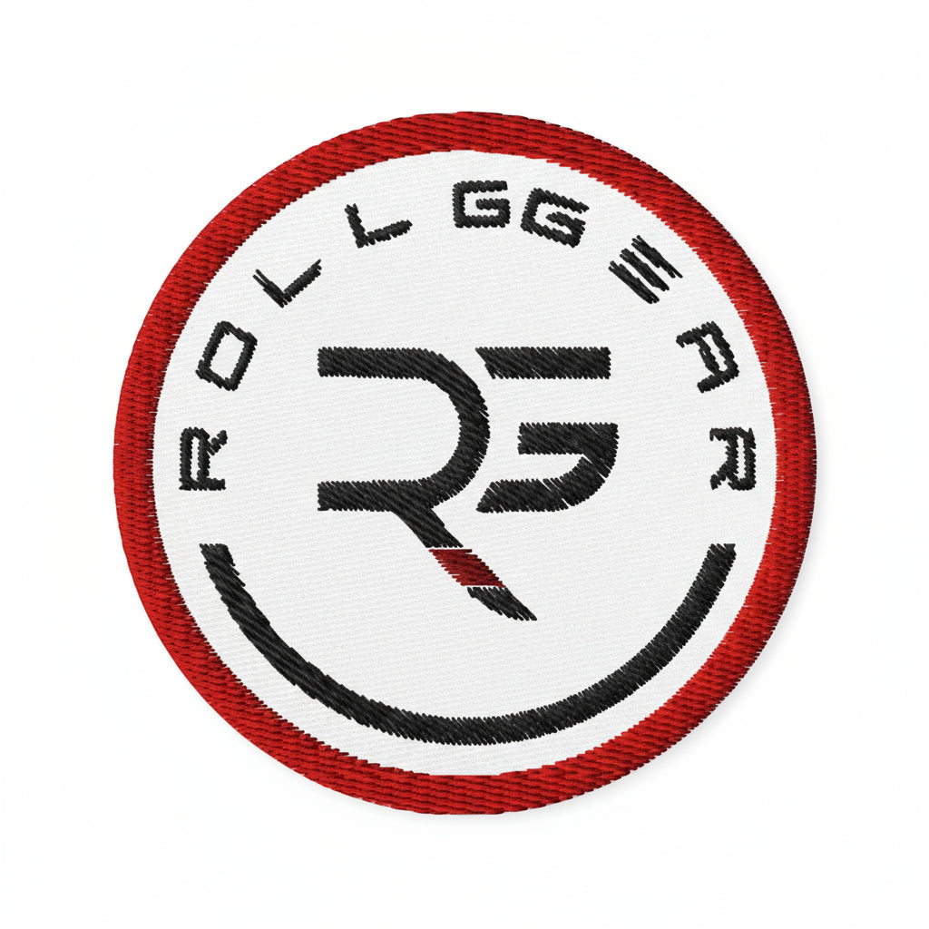 Embroidered patch with 'ROLLGEAR' logo on a dark blue background
