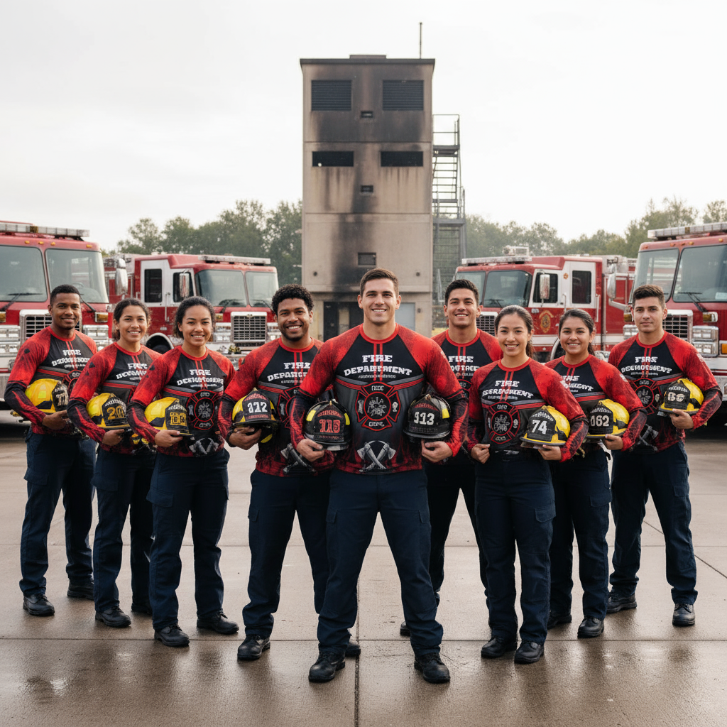 Group of firefighters in uniform standing in front of fire trucks.