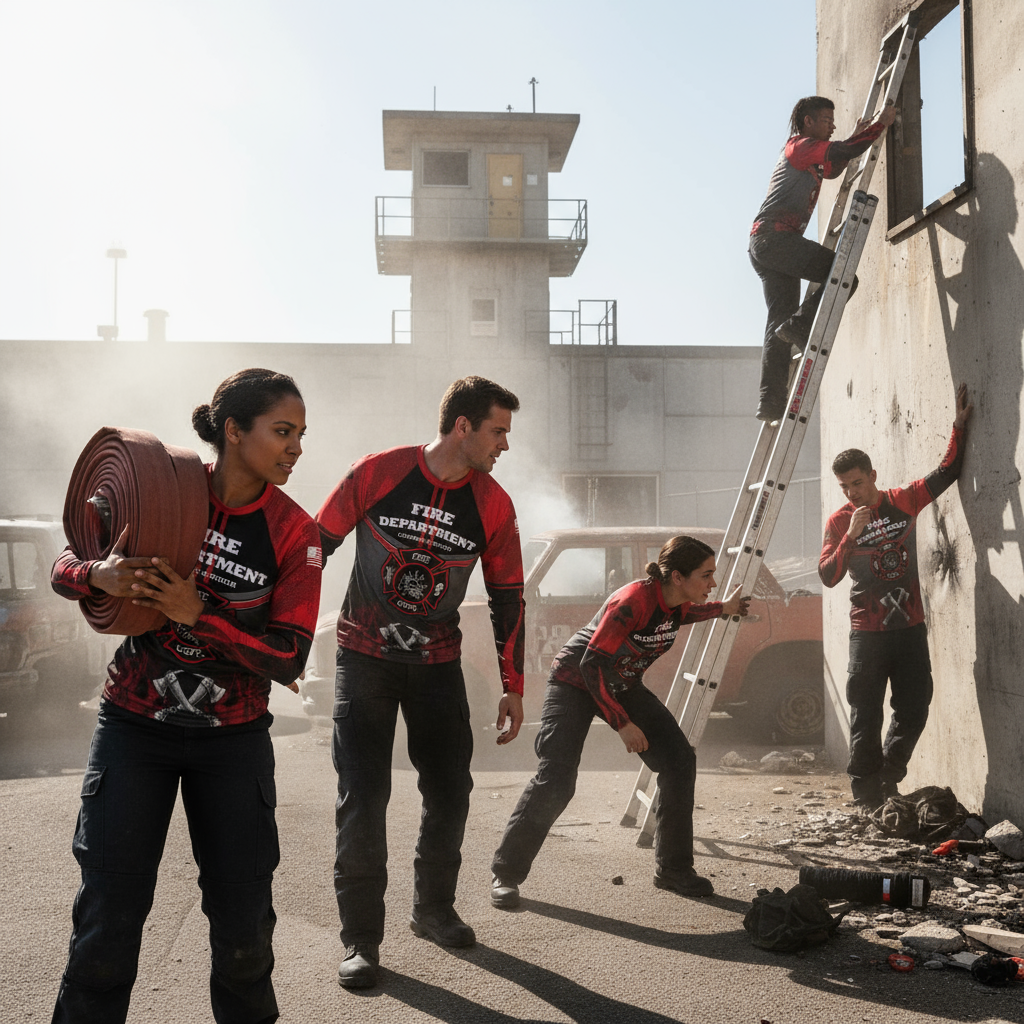 Firefighters in training with a fire station in the background