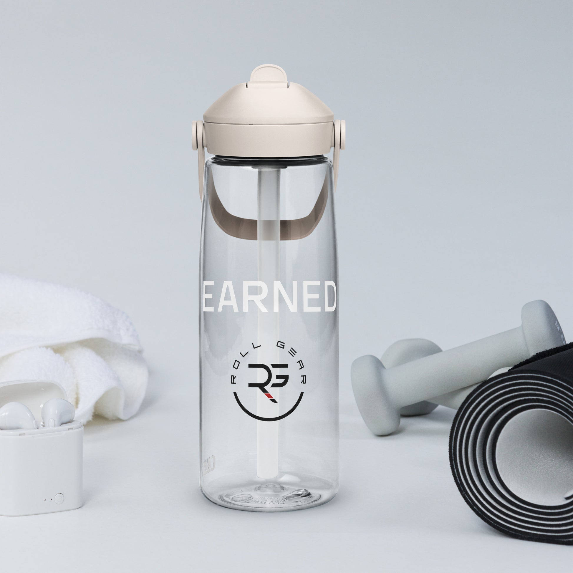 CamelBak Thrive water bottle with “EARNED.” imprint and Roll Gear logo – available in forest green, slate blue, charcoal, lavender, aqua, and clear frost – 25 oz BPA-free bottle with flip straw lid
