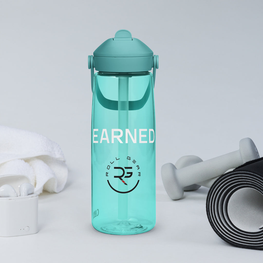 CamelBak Thrive water bottle with “EARNED.” imprint and Roll Gear logo – available in forest green, slate blue, charcoal, lavender, aqua, and clear frost – 25 oz BPA-free bottle with flip straw lid

