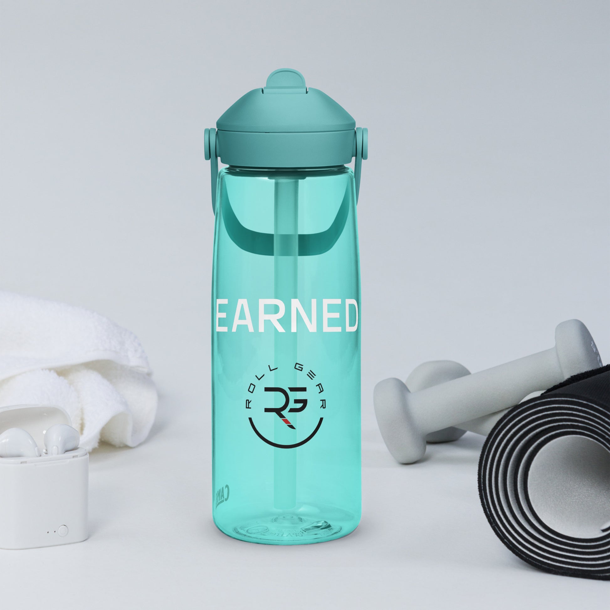 CamelBak Thrive water bottle with “EARNED.” imprint and Roll Gear logo – available in forest green, slate blue, charcoal, lavender, aqua, and clear frost – 25 oz BPA-free bottle with flip straw lid
