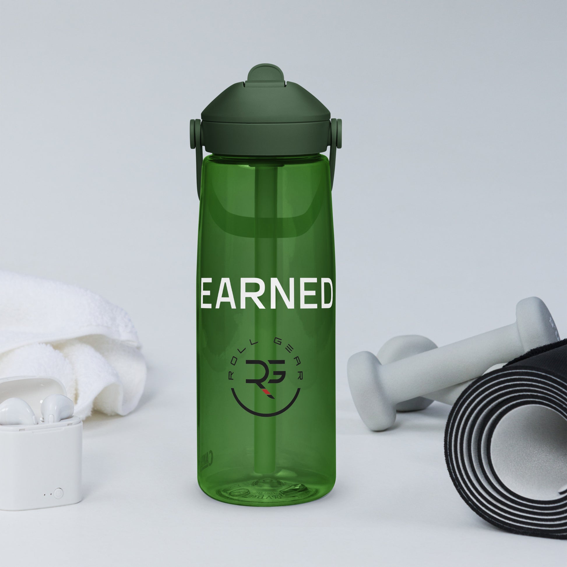 CamelBak Thrive water bottle with “EARNED.” imprint and Roll Gear logo – available in forest green, slate blue, charcoal, lavender, aqua, and clear frost – 25 oz BPA-free bottle with flip straw lid