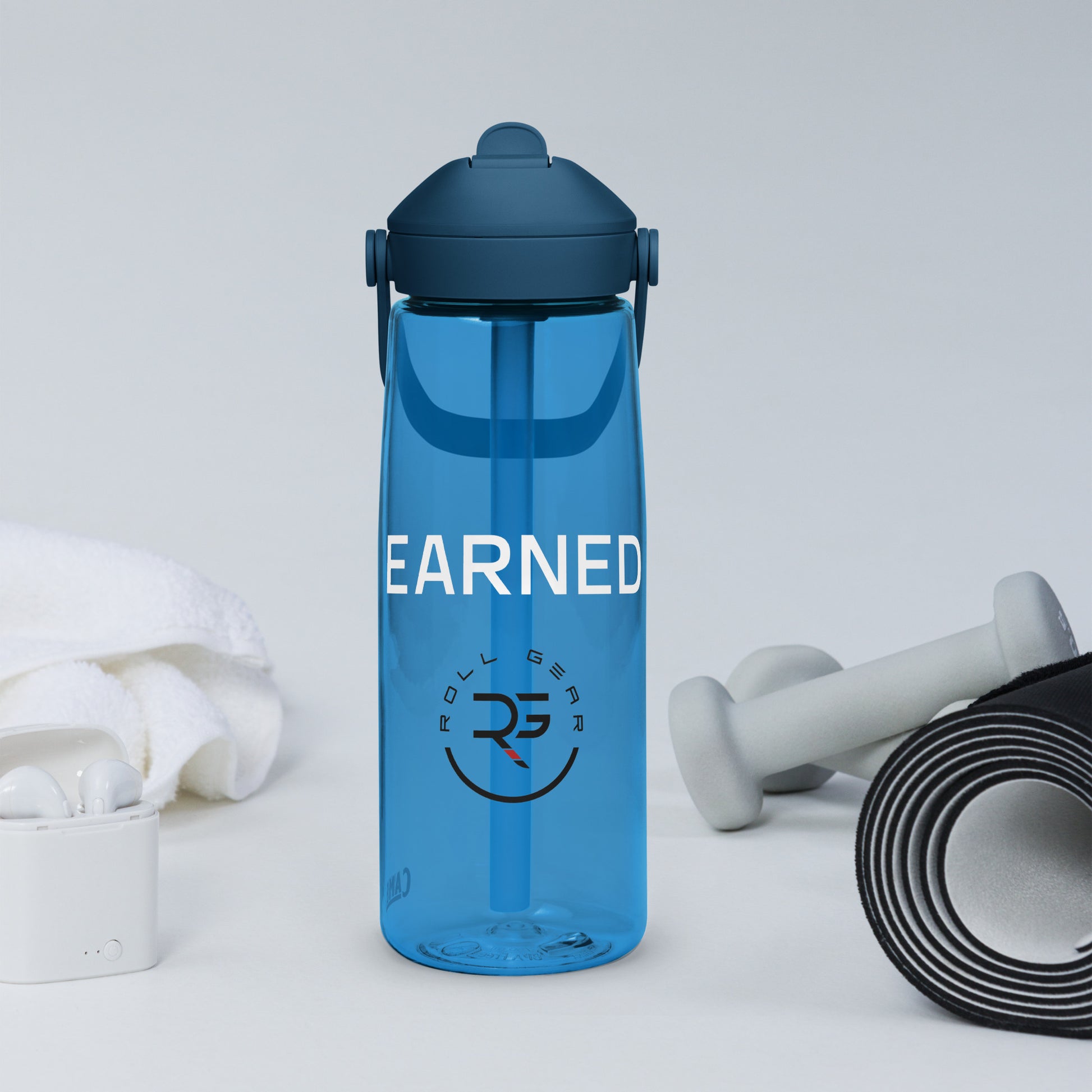 CamelBak Thrive water bottle with “EARNED.” imprint and Roll Gear logo – available in forest green, slate blue, charcoal, lavender, aqua, and clear frost – 25 oz BPA-free bottle with flip straw lid