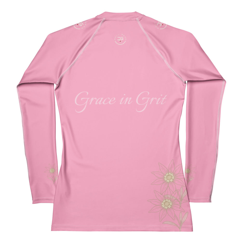 Grace in Grit women’s BJJ rash guard – back view, floral sleeve design, Roll Gear branding