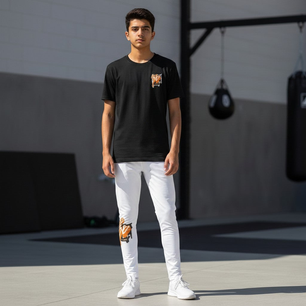 Tap Hype Youth BJJ Spats – Orange & White | Roll Gear