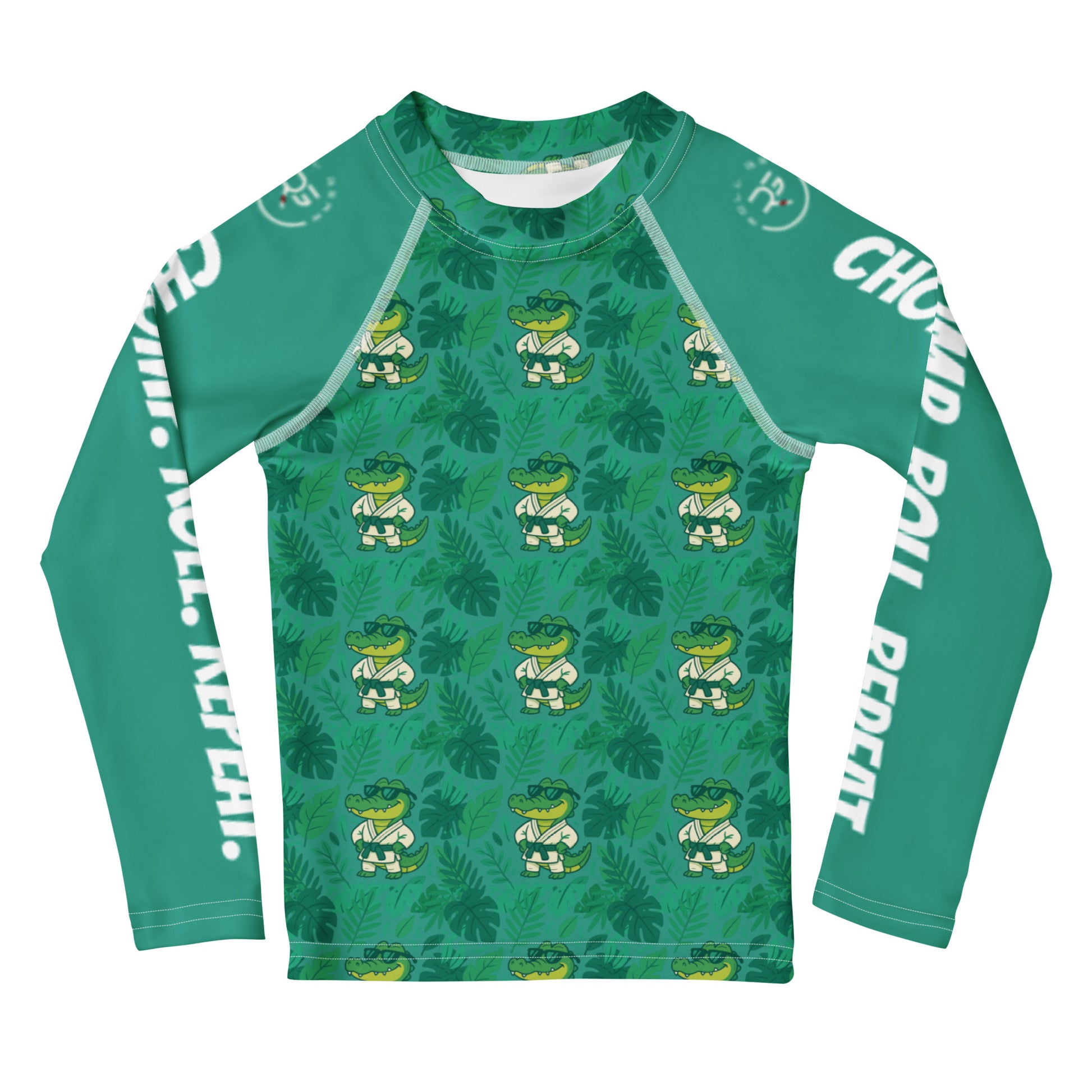 Front view of kids BJJ rash guard featuring cartoon crocodile in gi and sunglasses