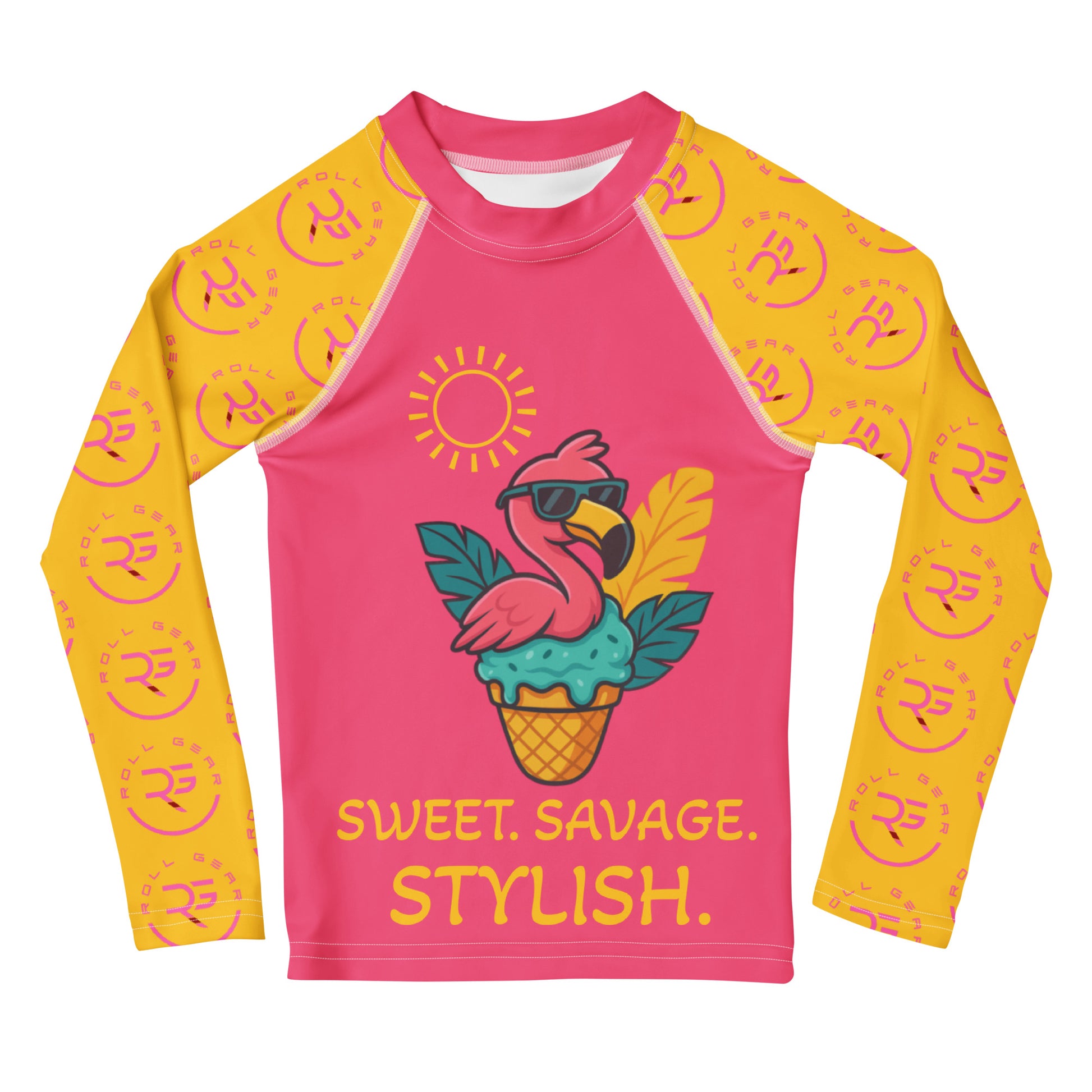 Front view of kids BJJ rash guard with cartoon flamingo in ice cream cone