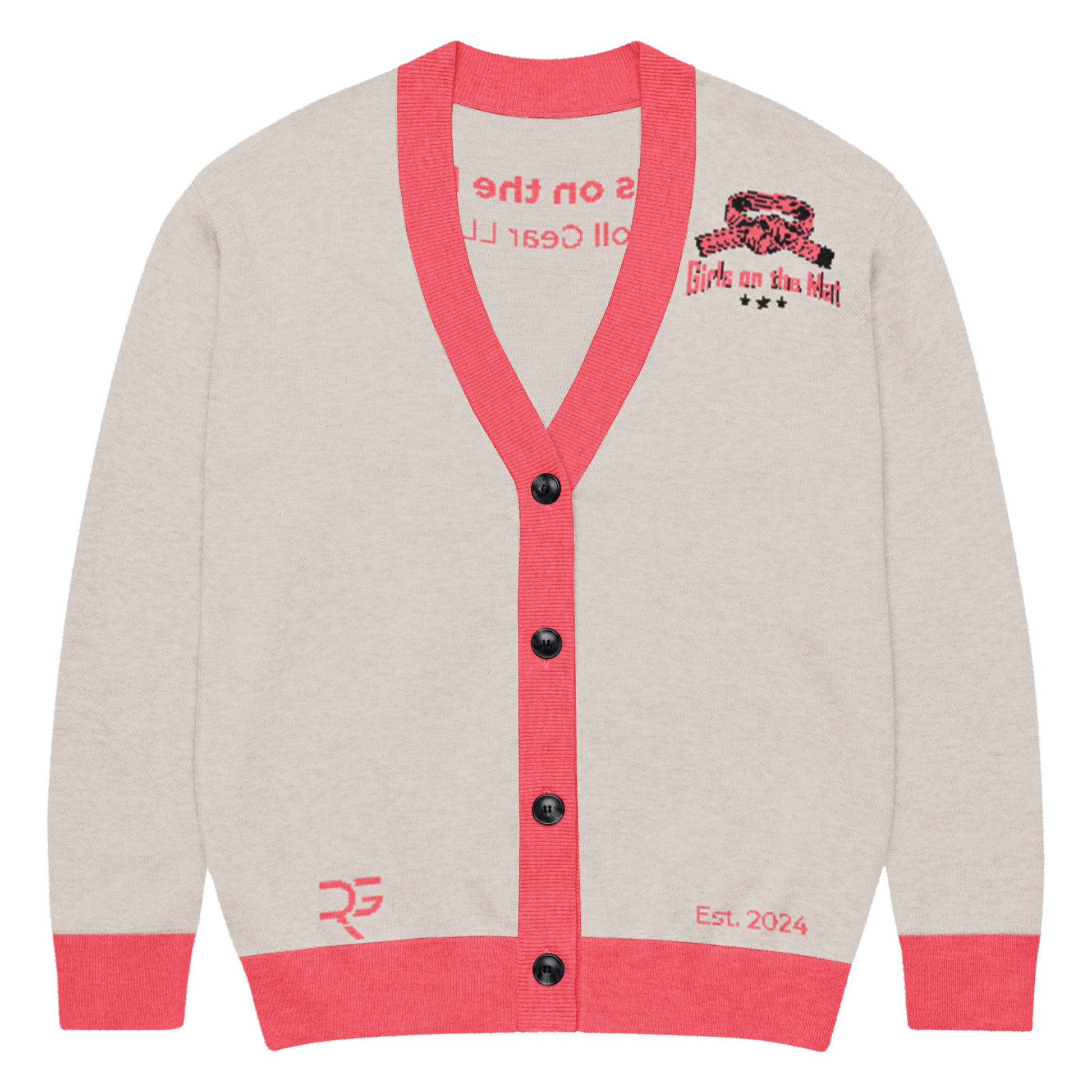 Cardigan with red trim and black buttons on a white background