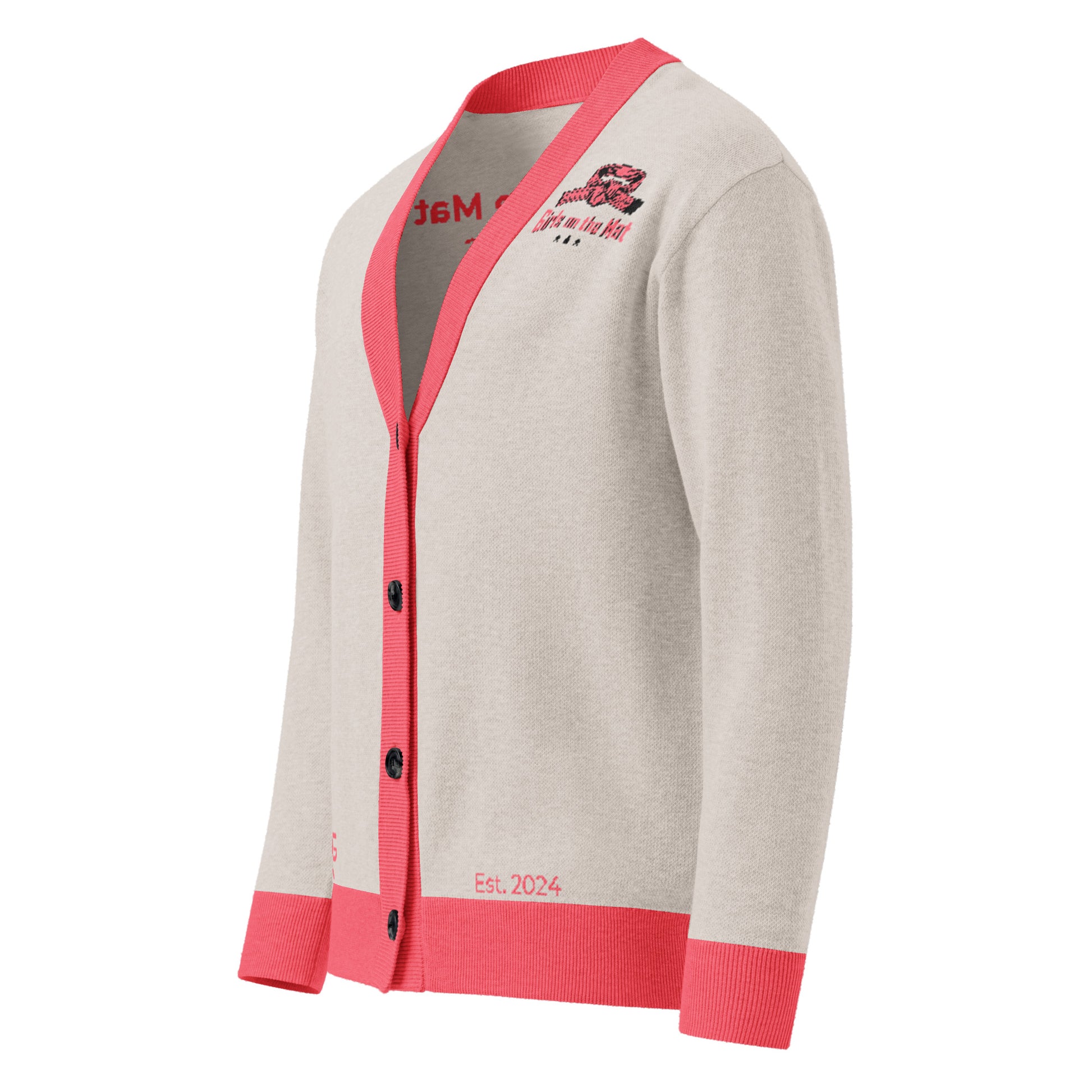 Cardigan with pink trim and branding on a white background