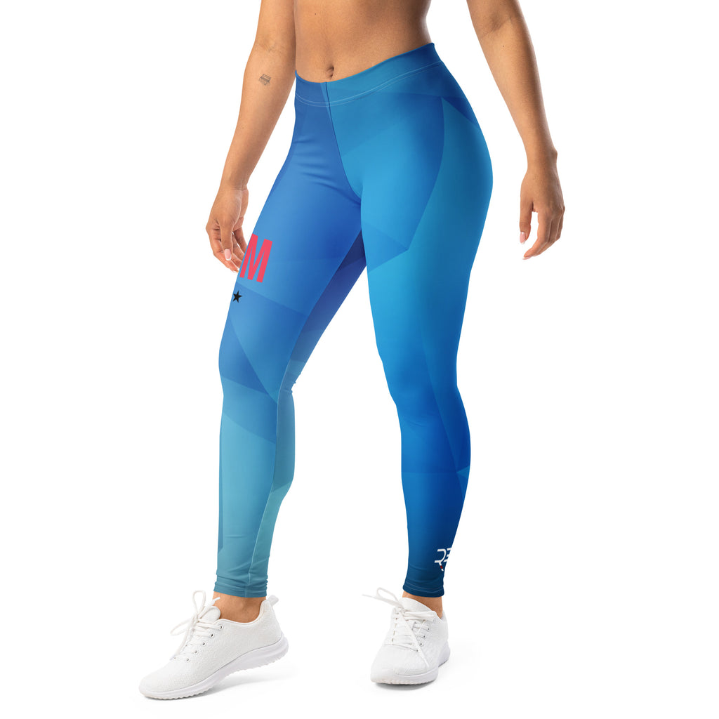 Blue leggings with a pink logo worn by a person on a white background