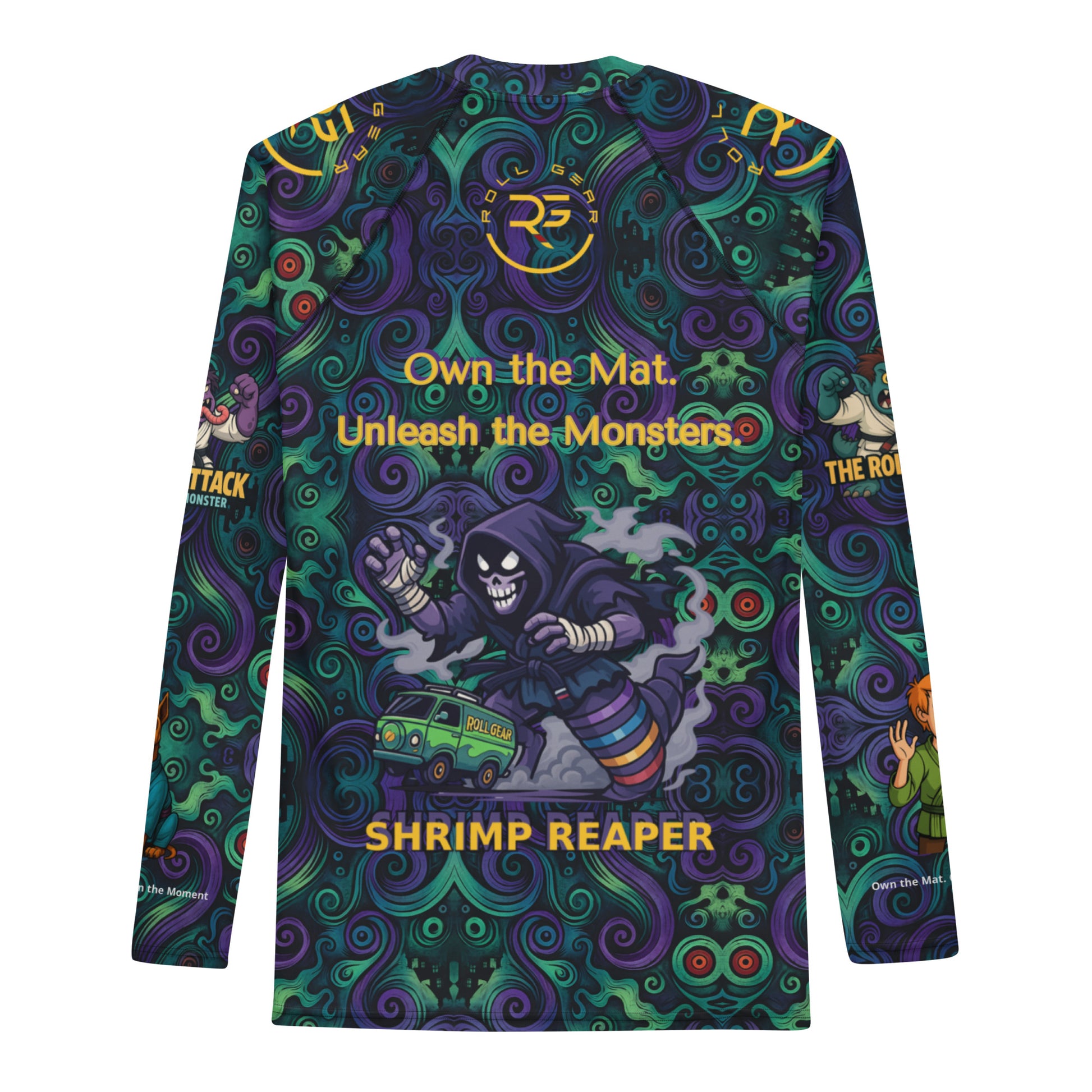 Monster-themed compression rash guard for men – back with van and character art