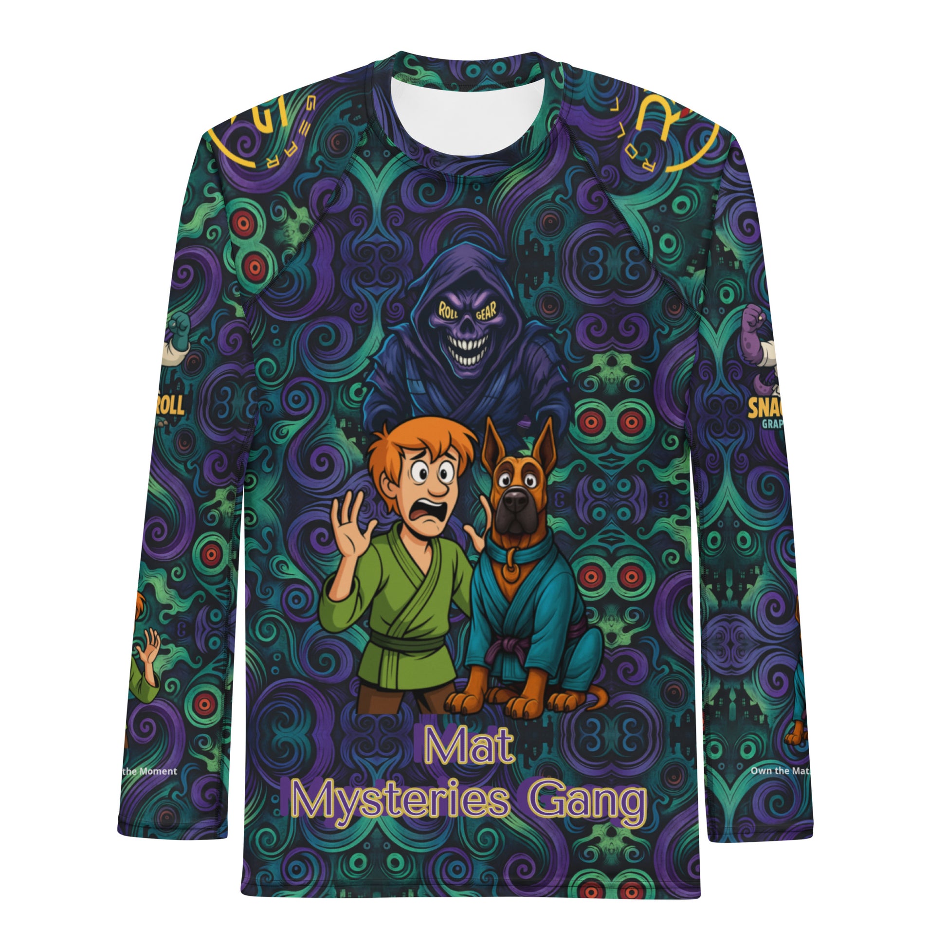 Men’s BJJ rash guard with Mat Mysteries monster design – front view