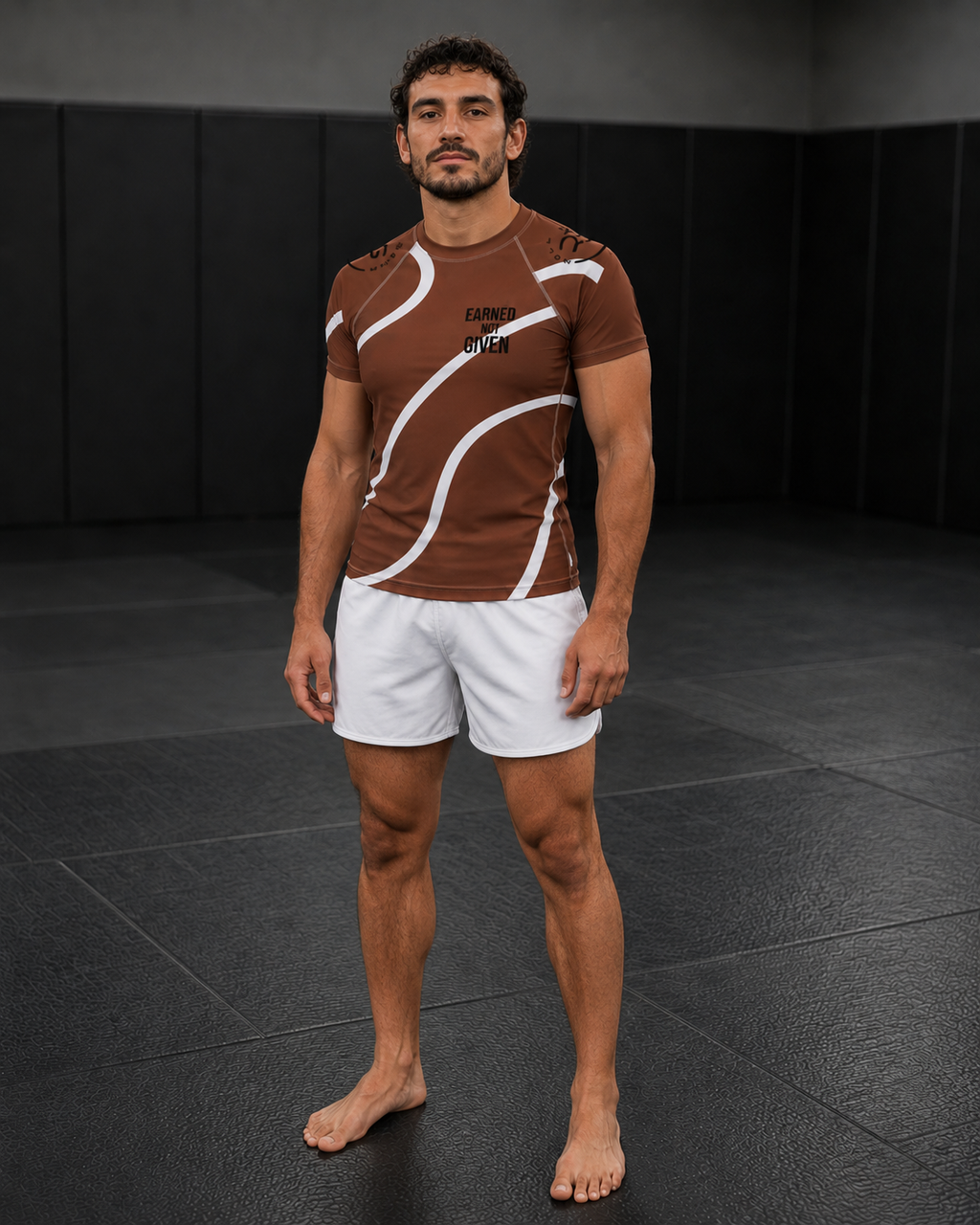 Brown Swirl Short Sleeve BJJ Rash Guard — Unisex Brown & White