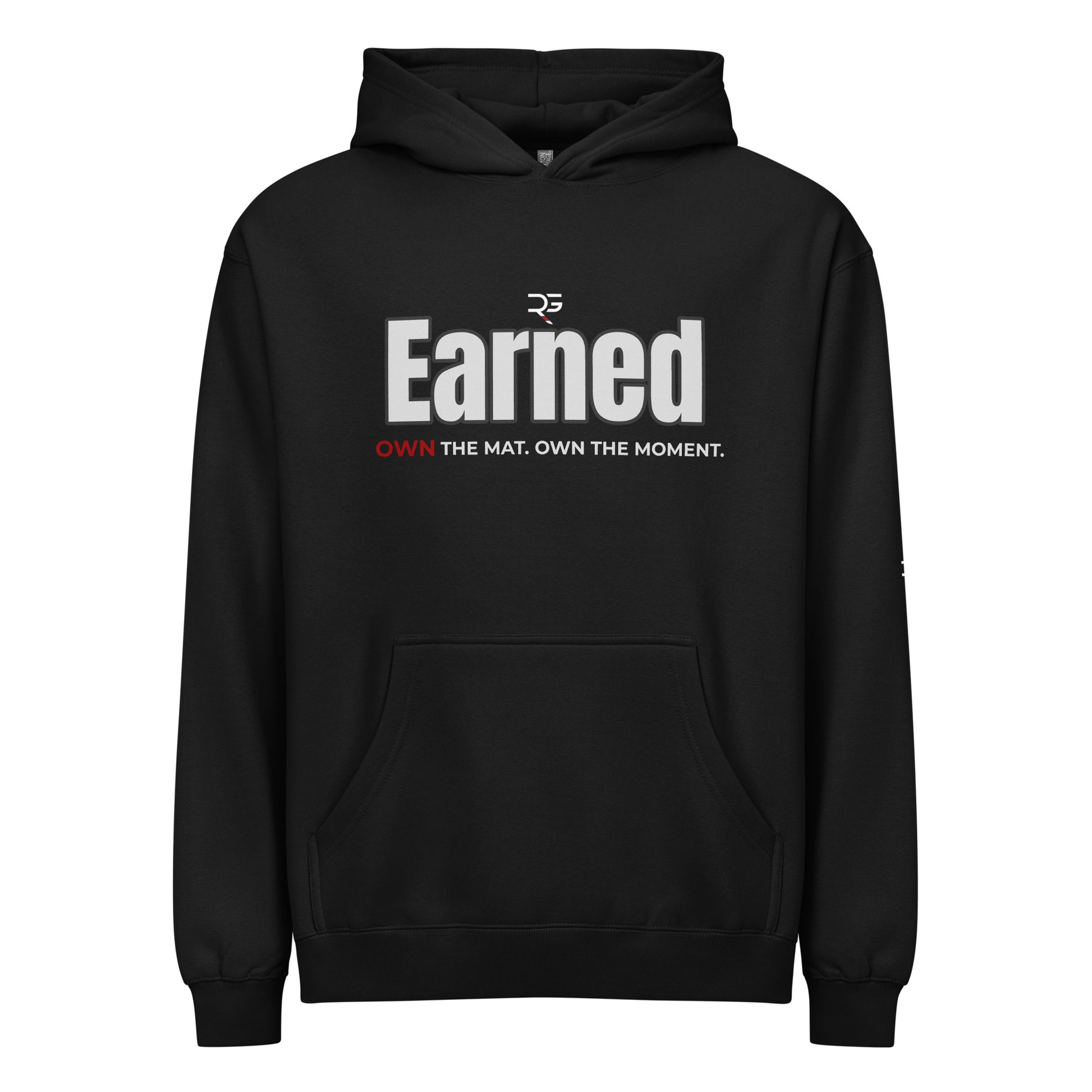 Black hoodie with 'Earned' text and logo on a white background