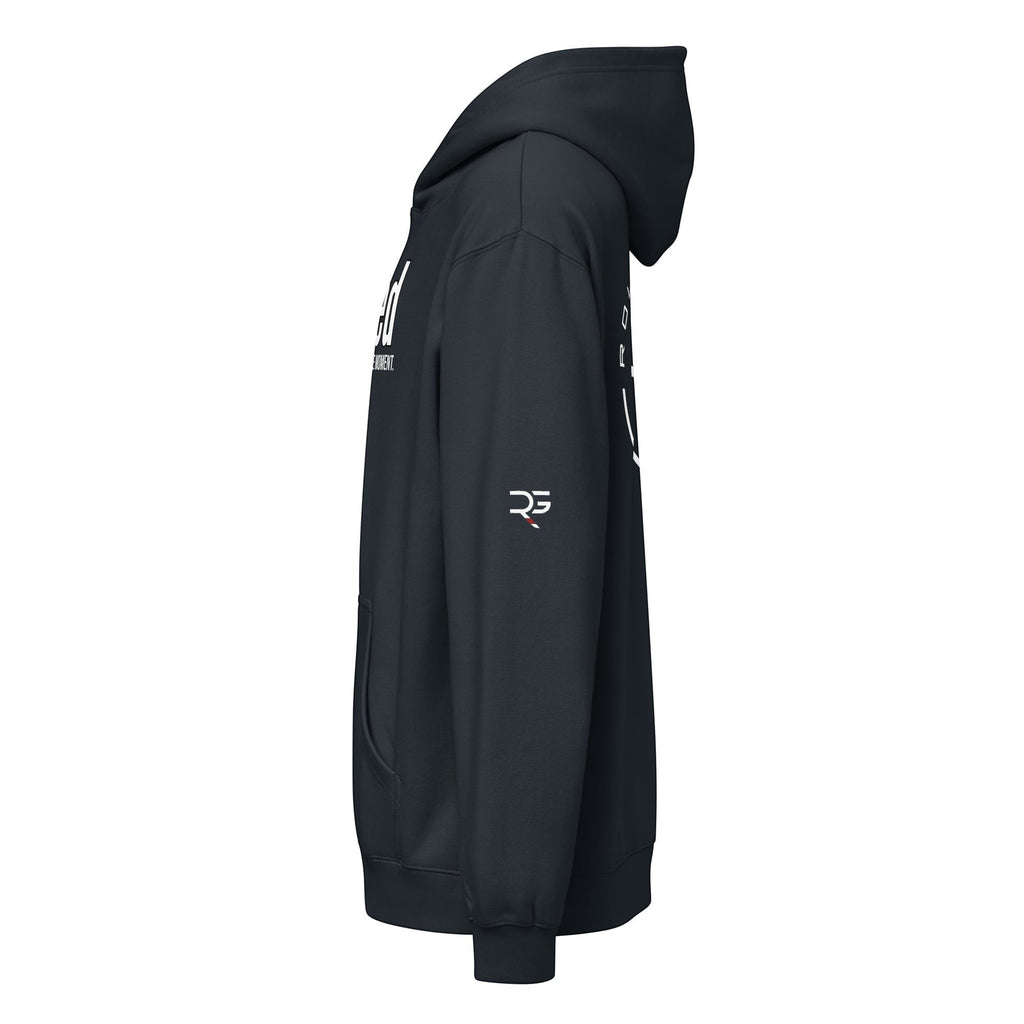 Roll Gear navy blue hooded sweatshirt with white Earned Not Given Legacy print and RG logo on sleeve.