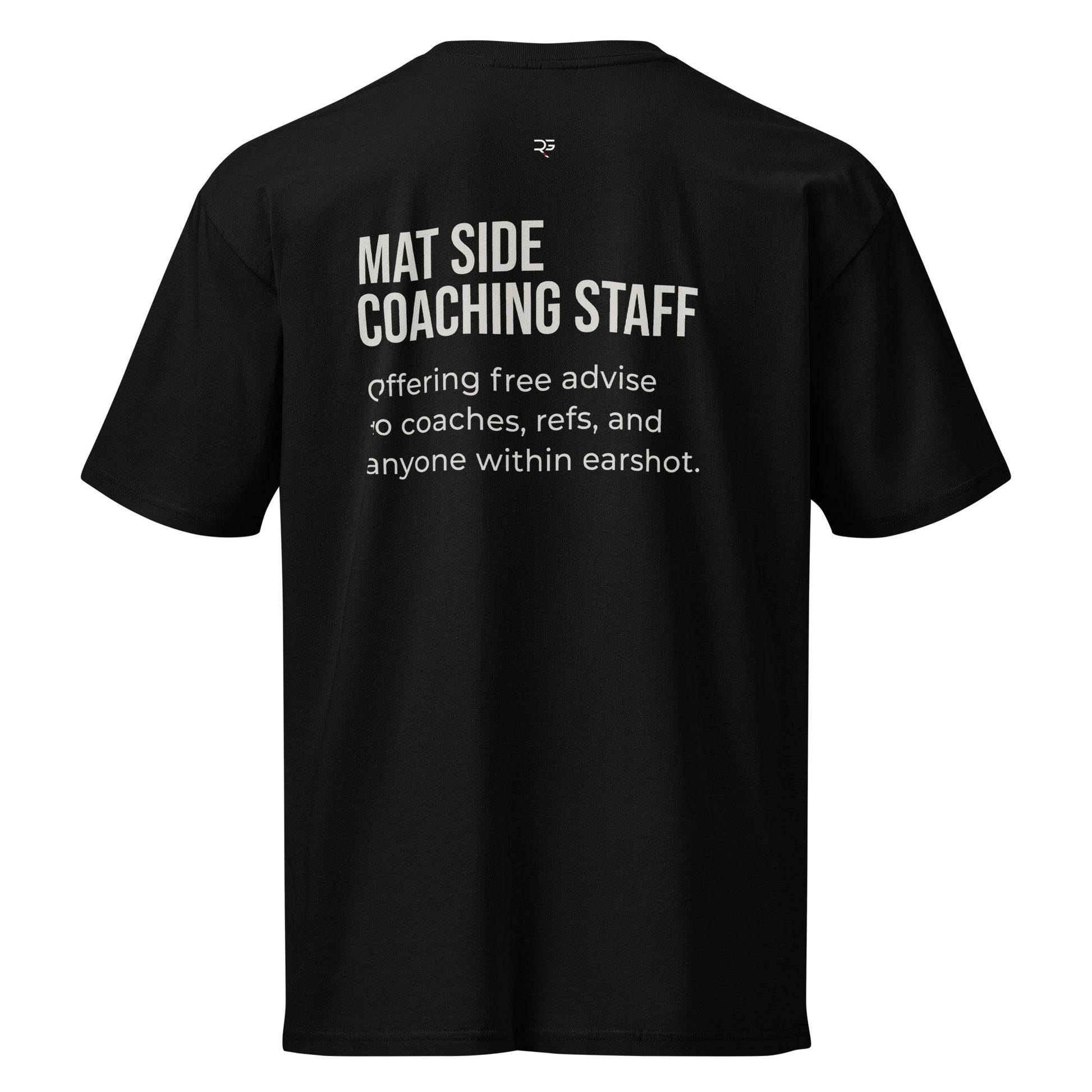Black t-shirt with text on the back on a white background