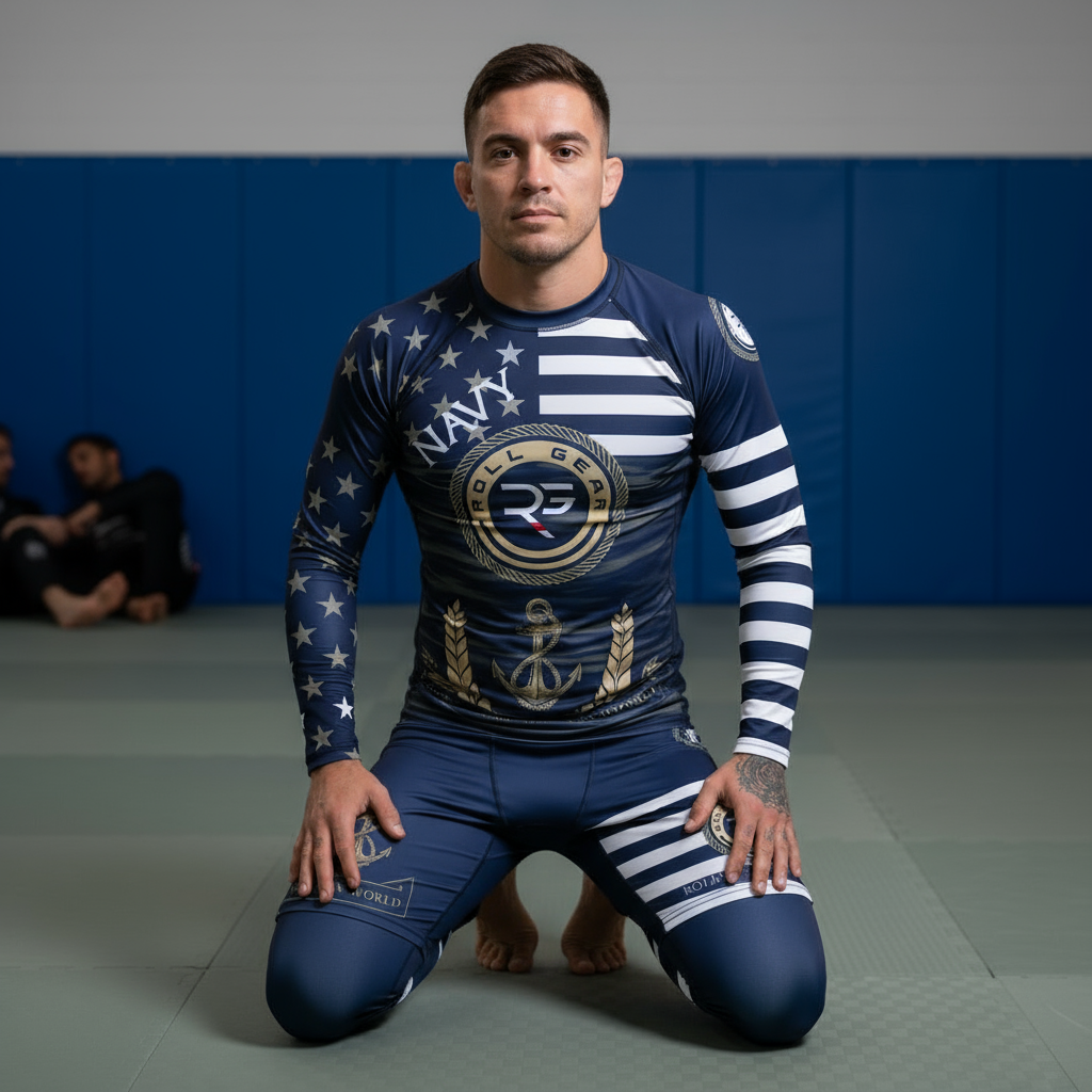 Roll Gear – Men’s Navy Military Rash Guard – Navy & Gold – Premium Compression Fit