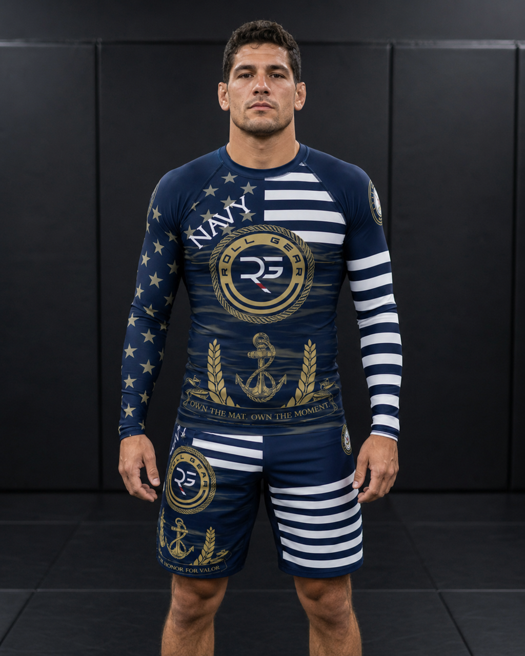 Roll Gear – Men’s Navy Military Rash Guard – Navy & Gold – Premium Compression Fit