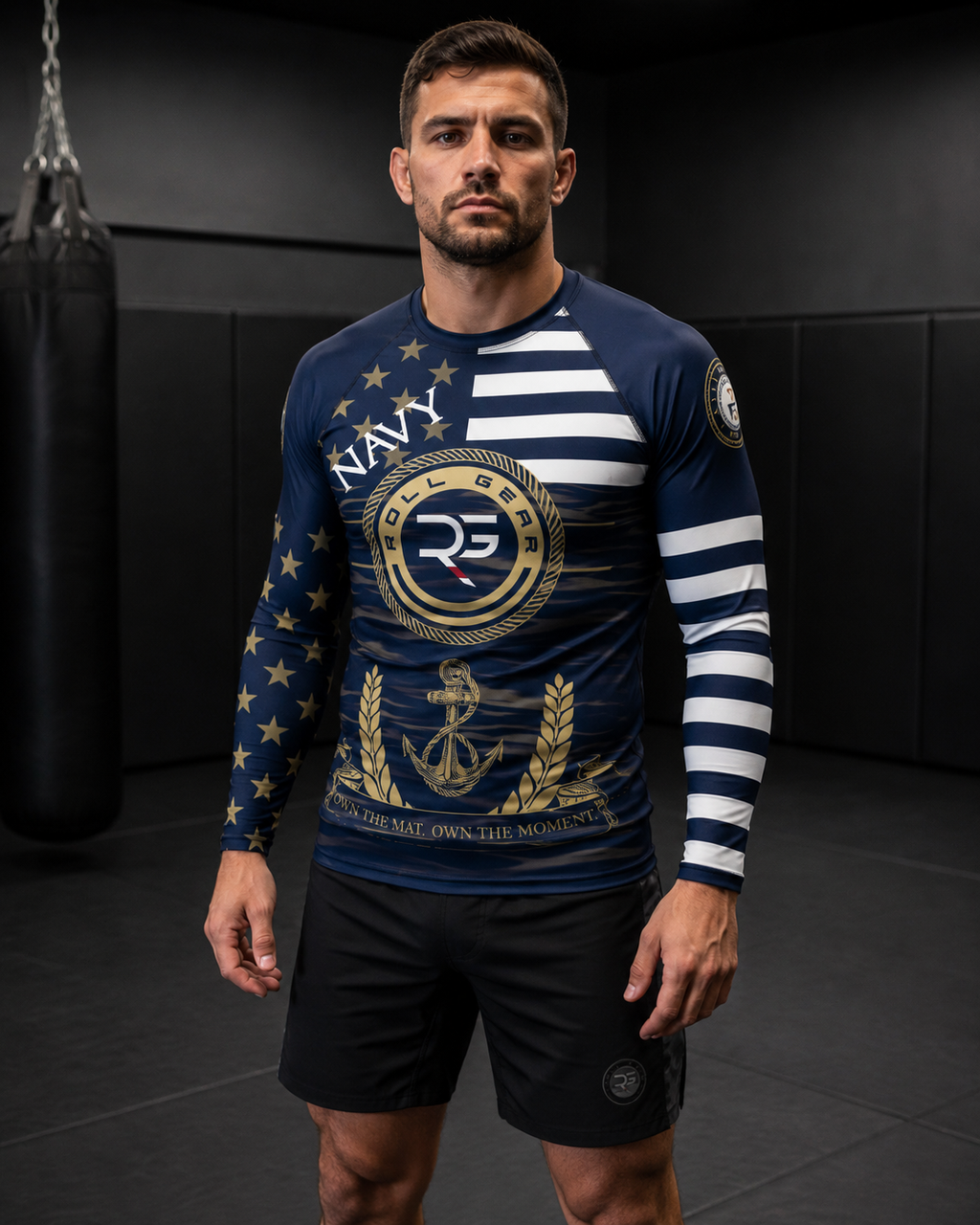 Roll Gear – Men’s Navy Military Rash Guard – Navy & Gold – Premium Compression Fit