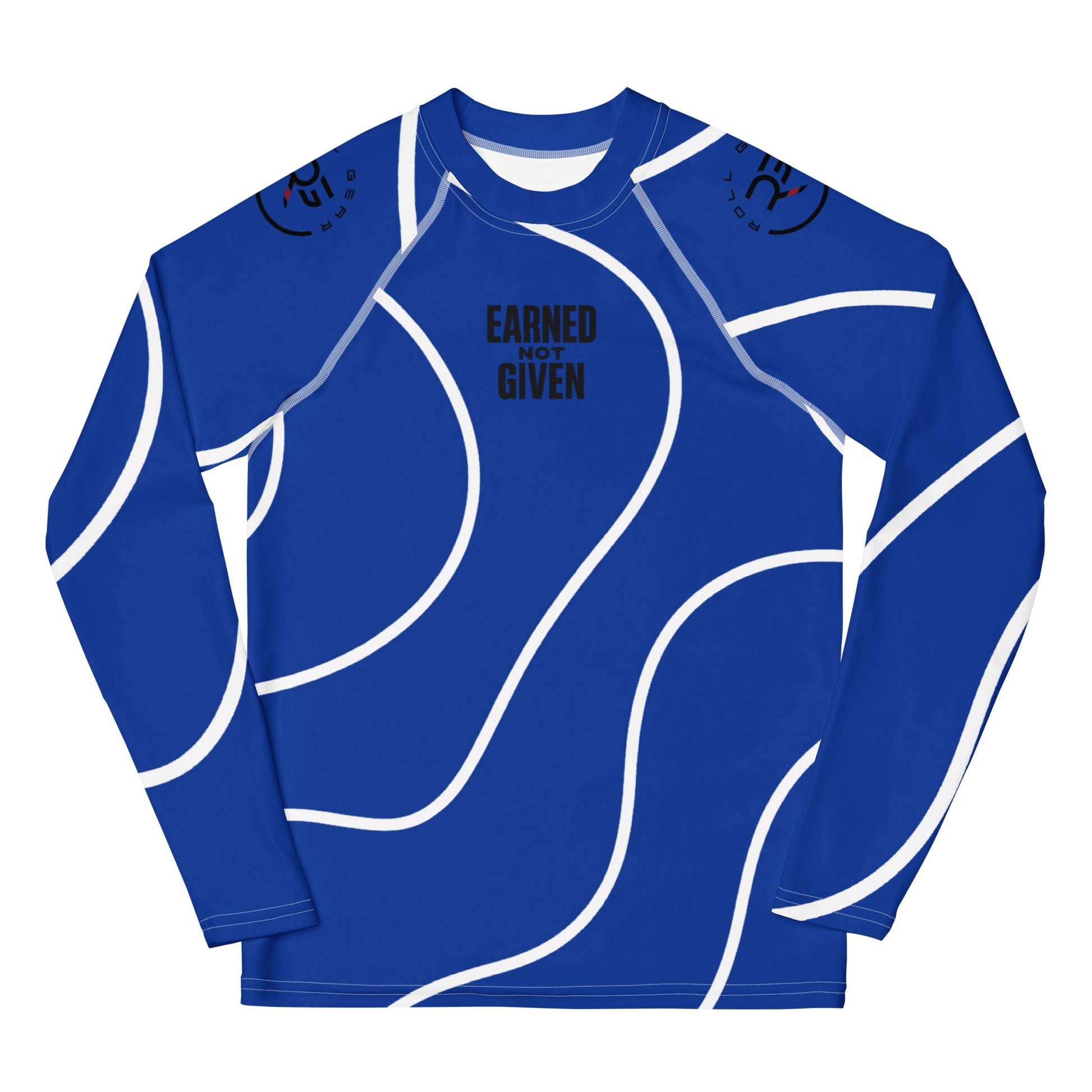 Blue long-sleeve shirt with white graphics and 'Earned Not Given' text on a white background