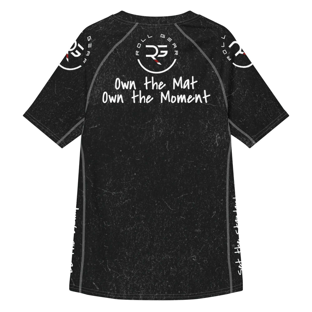Black athletic shirt with text and logos on a white background