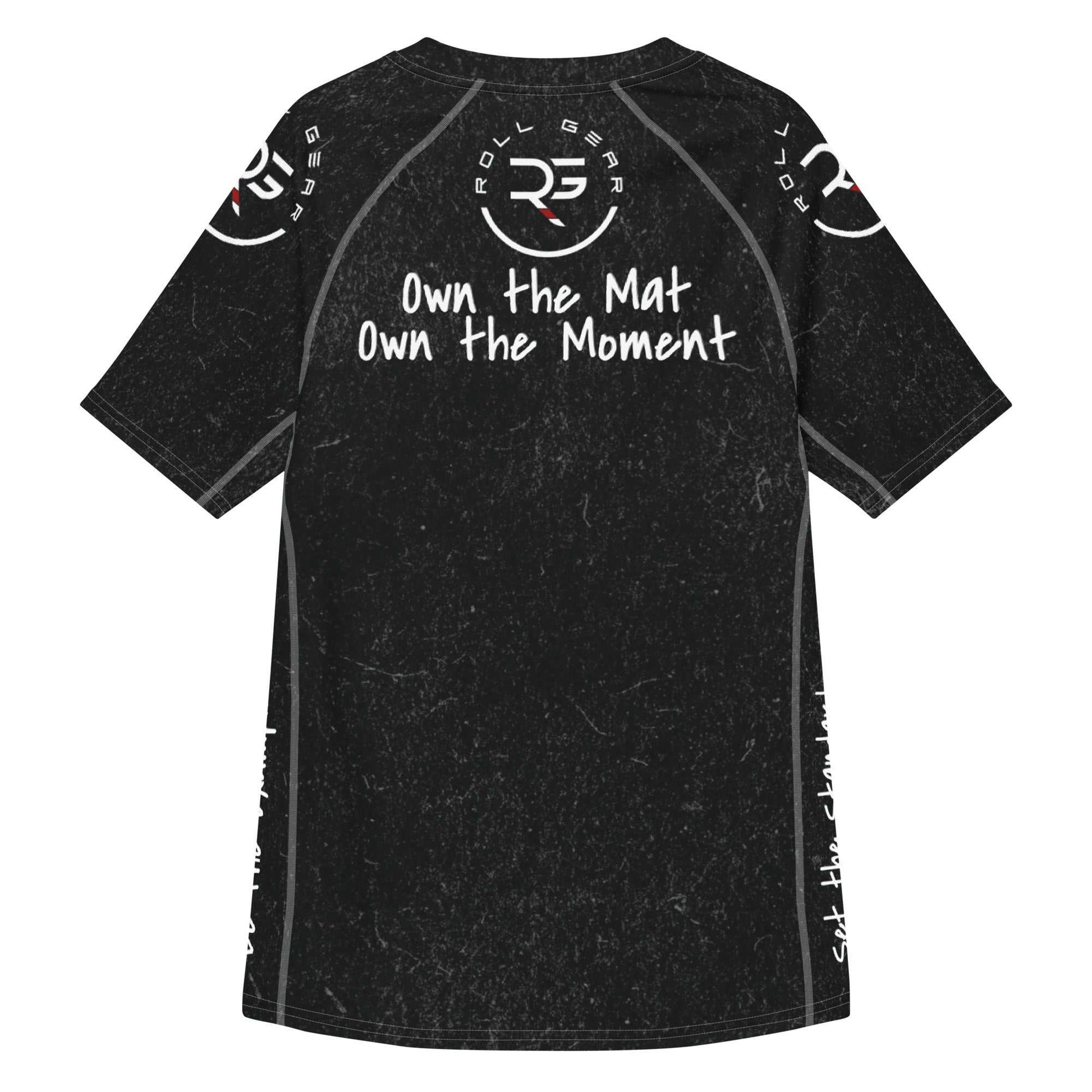 Black athletic shirt with text and logos on a white background