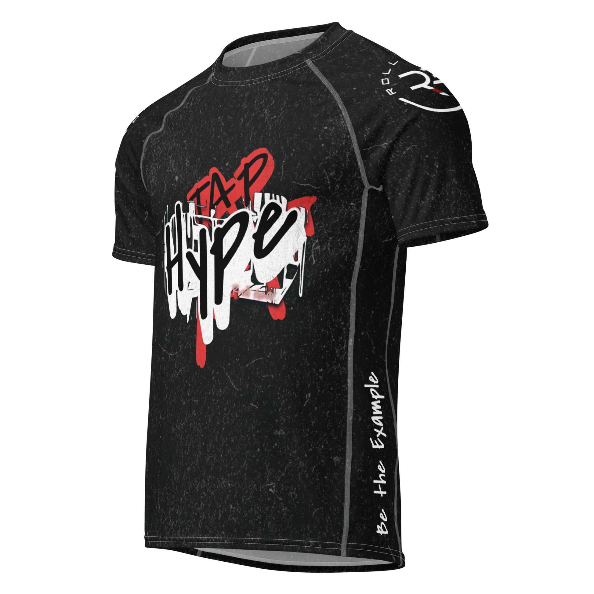 Black athletic shirt with red and white graphic design on a white background