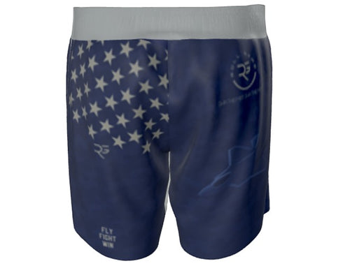 Roll Gear Air Force grappling shorts in navy blue with American flag design and "Fly, Fight, Win" text.