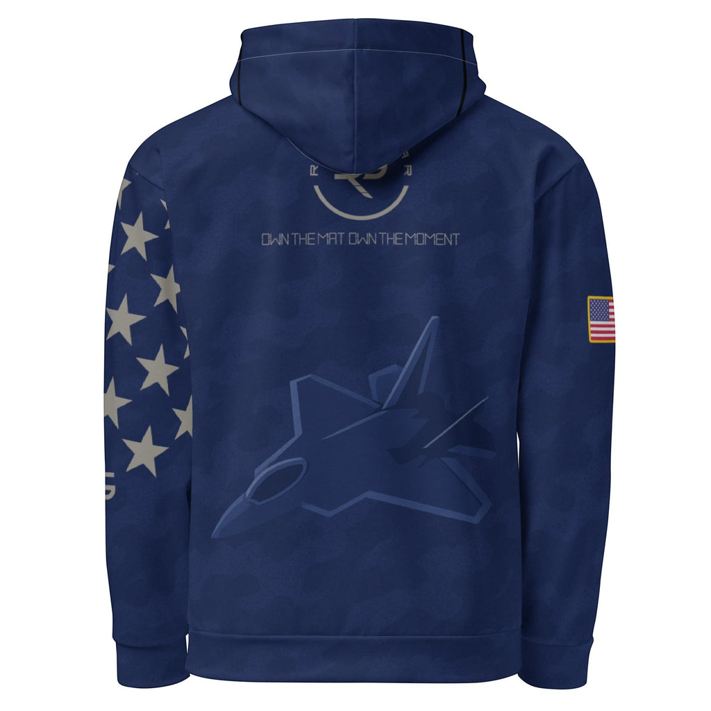 Navy blue hoodie with star design and American flag on sleeve